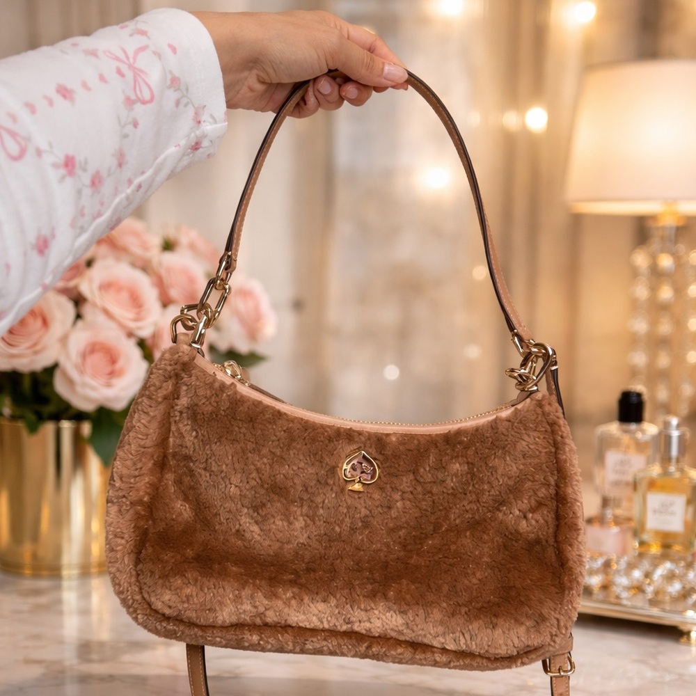 kate spade Brown Faux Fur Shoulder Bag with Gold Logo